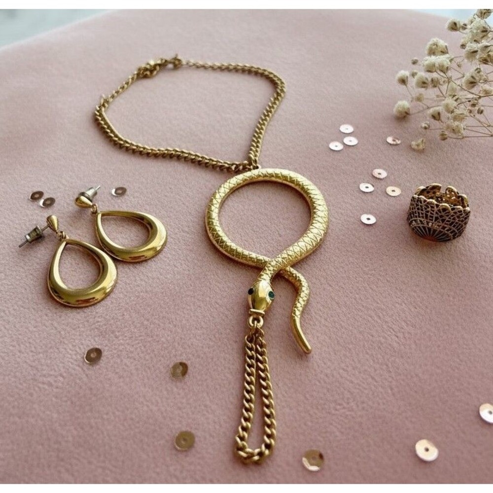 Gold Snake Slave Bracelet, Filigree Crown Ring & Teardrop Earrings Jewelry Set